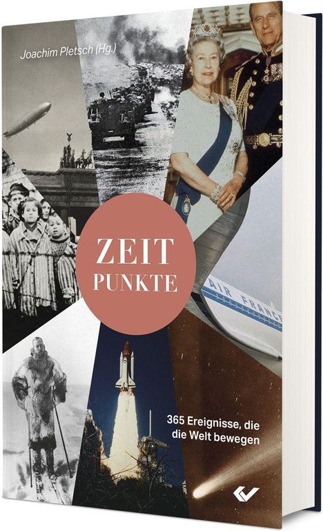 "ZEITPUNKTE" in einem roten Kreis. Bilder von historischen Ereignissen, inkl. Monarchie, Luftschiff, Raumfähre, Luftfahrt.