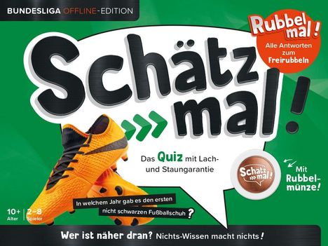 "Schätz mal! Das Quiz mit Lach- und Staungarantie. Rubbel mal! Bundesliga OFFLINE-EDITION." Bild von Fußballschuhen.