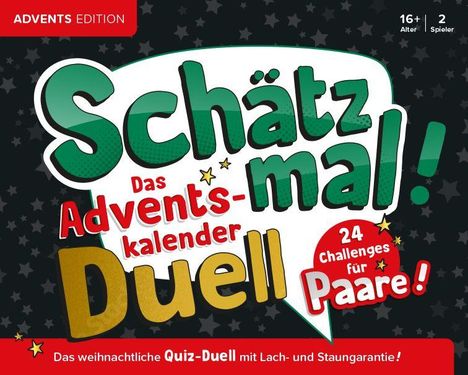 "Advents Edition", "Schätz mal!", "Das Adventskalender Duell", "24 Challenges für Paare!", weihnachtlich, Quiz-Duell.