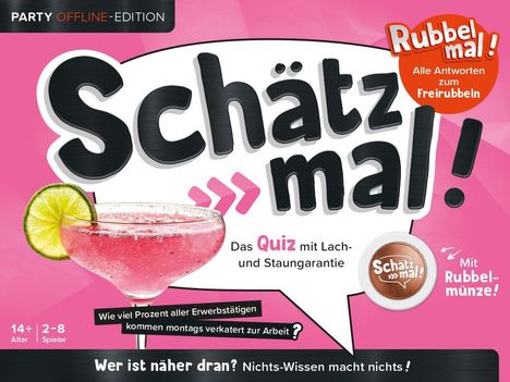 Text: "Schätz mal! Das Quiz mit Lach- und Staungarantie. 14+ Alter | 2-8 Spieler." Rosa Hintergrund, Cocktail und Limettenscheibe.