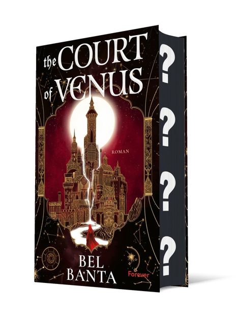 „The Court of Venus“, „Roman“, „Bel Banta“, „Forever“; Illustration: Eine Stadt mit Türmen, eine Person im roten Umhang.
