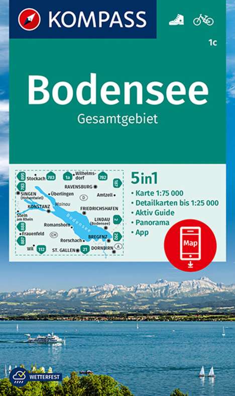 KOMPASS Wanderkarte 1c Bodensee Gesamtgebiet 1:75.000, Karten