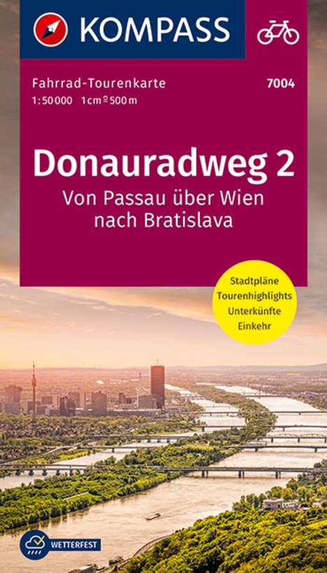 KOMPASS Fahrrad-Tourenkarte Donauradweg 2, von Passau über Wien nach Bratislava 1:50.000, Karten