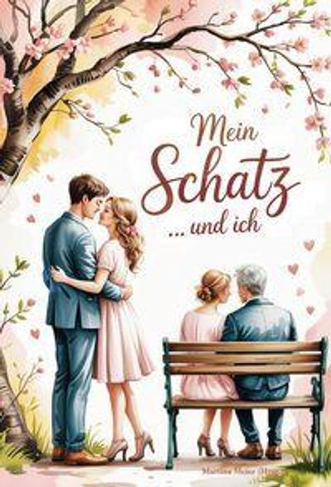 „Mein Schatz ... und ich“. Illustration eines jungen und älteren Paares unter blühenden Kirschbäumen.