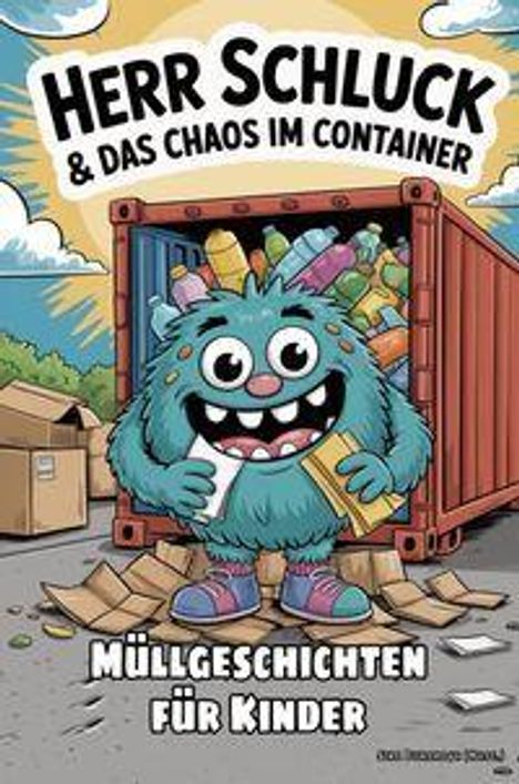 „Herr Schluck & das Chaos im Container. Müllgeschichten für Kinder.“ Ein blaues, zotteliges Monster steht vor einem Container.