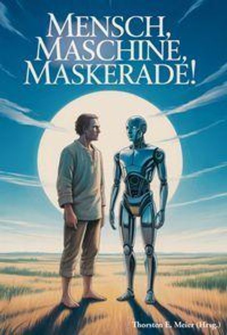 „Mensch, Maschine, Maskerade!“ Ein Mensch und ein Roboter stehen sich in einer Feldlandschaft bei Sonnenuntergang gegenüber.