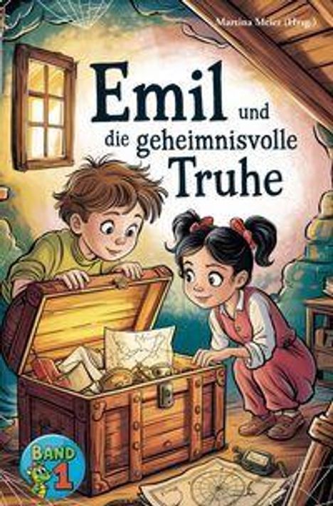 "Emil und die geheimnisvolle Truhe, Band 1". Zwei Kinder öffnen neugierig eine Schatztruhe in einem Dachbodenraum.