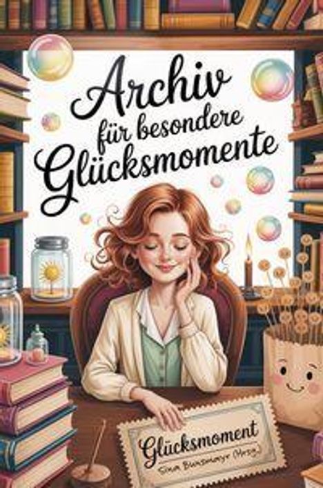 „Archiv für besondere Glücksmomente“. Frau mit roten Haaren, umgeben von Büchern und Seifenblasen, lächelt nachdenklich.