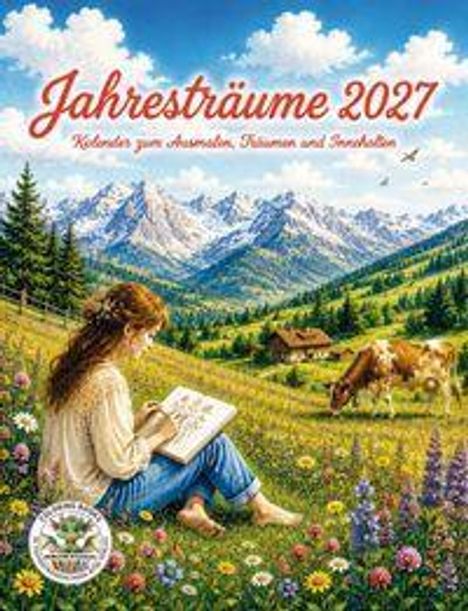 „Jahresträume 2027: Kalender zum Ausmalen, Träumen und Innehalten.“ Eine Frau malt in einer blühenden Bergwiese.