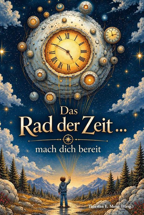 „Das Rad der Zeit ... mach dich bereit“, zeigt eine Illustration mit astronomischen Motiven und einem Kind, das zum Himmel blickt.
