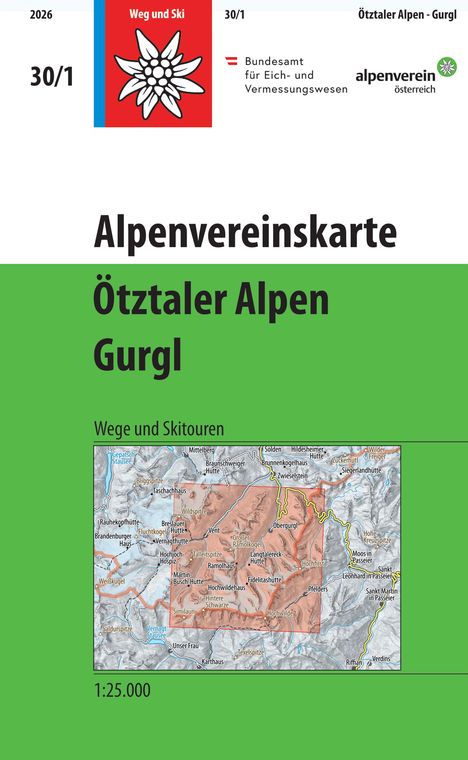 Alpenvereinskarte Ötztaler Alpen Gurgl, Wege und Skitouren, 1:25.000. Enthält ein Logo mit einer Edelweißblume.