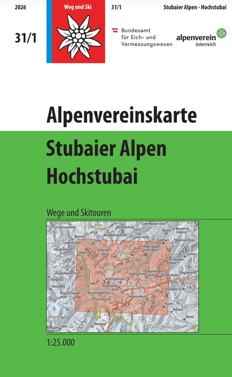 Text: Alpenvereinskarte, Stubaier Alpen, Hochstubai, Wege und Skitouren. Logo: Edelweiß auf rotem Hintergrund.