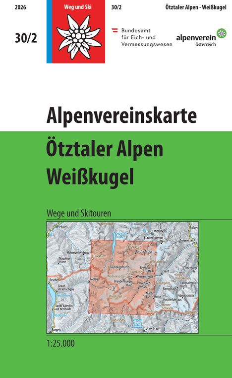 Alpenvereinskarte Ötztaler Alpen Weißkugel, Wege und Skitouren, Maßstab 1:25.000. Oben links Edelweiß-Logo.