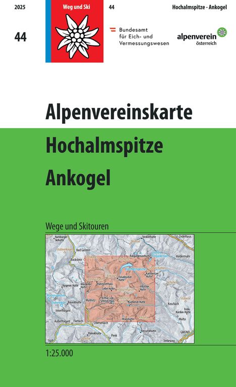 "Alpenvereinskarte Hochalmspitze Ankogel. Wege und Skitouren. 1:25.000. Logo einer weißen Blume auf rotem Hintergrund."