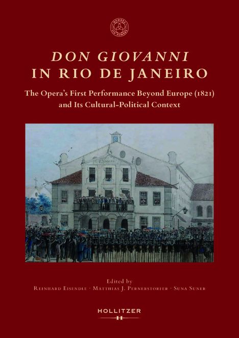 „Don Giovanni in Rio de Janeiro“. Illustration eines Gebäudes mit Menschenansammlung davor.