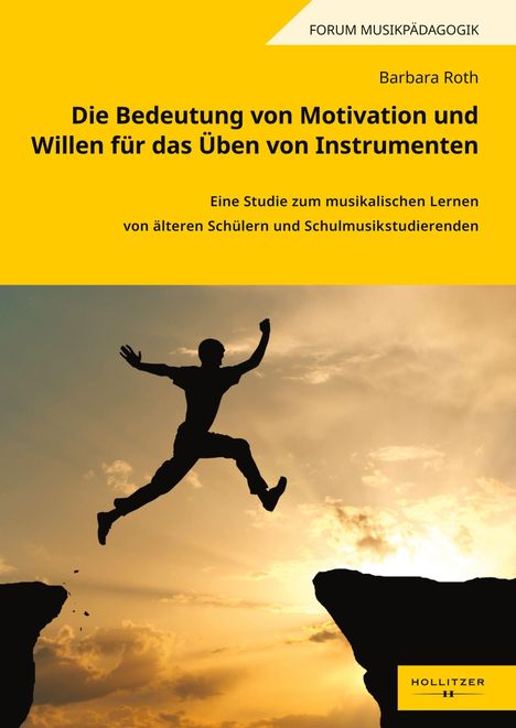 Gelber Hintergrund, Titel: "Die Bedeutung von Motivation und Willen". Silhouette eines springenden Menschen vor Sonnenuntergang. 