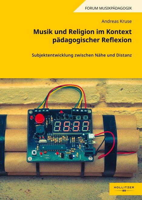 Buchtitel: "Musik und Religion im Kontext pädagogischer Reflexion". Darunter eine Apparatur mit Drähten und angezeigter Zeit.