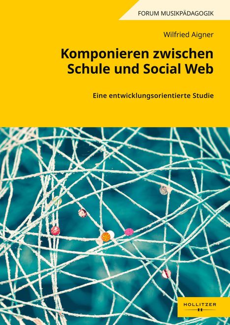 Gelber Bereich mit schwarzem Text über Musikpädagogik. Hintergrund mit weißen Linien auf türkisem Grund. HOLLITZER-Logo.