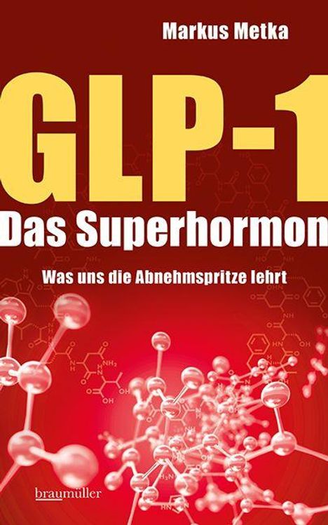Markus Metka, GLP-1 Das Superhormon, Was uns die Abnehmspritze lehrt. Hintergrund: chemische Strukturen auf rotem Grund.