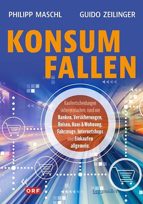 „Konsumentenfallen“ in Orange. Themen: Banken, Versicherungen, Reisen. Dynamischer Hintergrund, Einkaufswagen-Symbole.