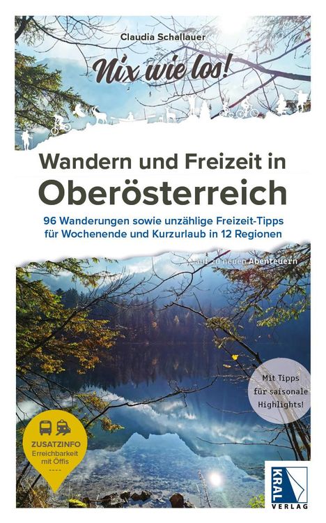 Text: "Nix wie los! Wandern und Freizeit in Oberösterreich. 96 Wanderungen sowie unzählige Freizeit-Tipps."  
Illustration: Waldszene mit See.