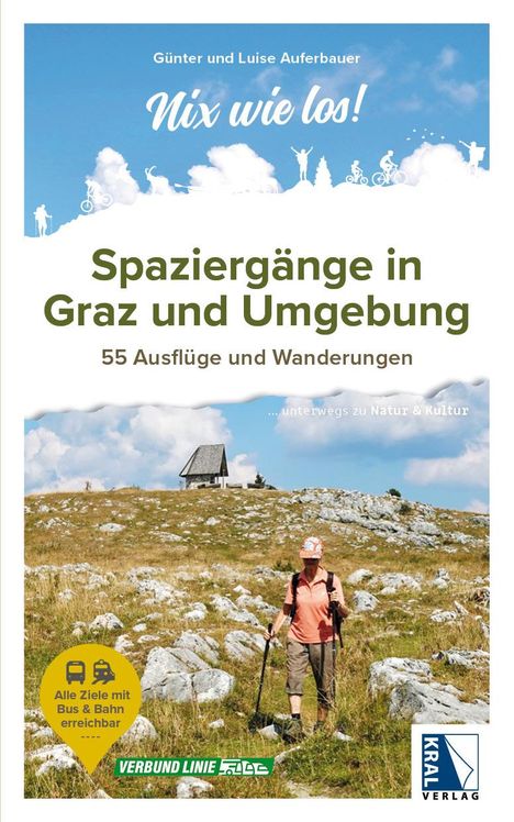 Titel: "Spaziergänge in Graz und Umgebung". Eine Person wandert über eine steinige Wiese, im Hintergrund eine Hütte.