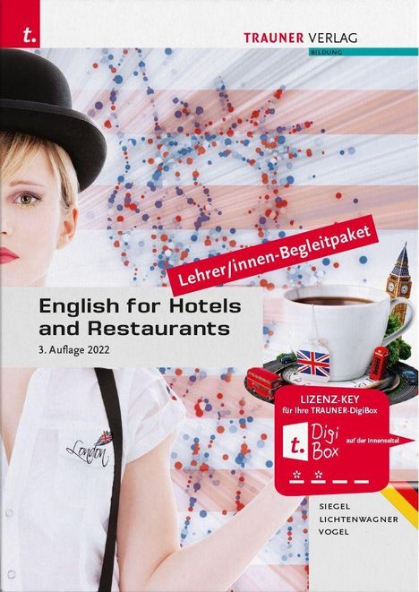„English for Hotels and Restaurants, 3. Auflage 2022“, rotes Etikett „Lehrer/innen-Begleitpaket“. Weibliche Person mit Melone.