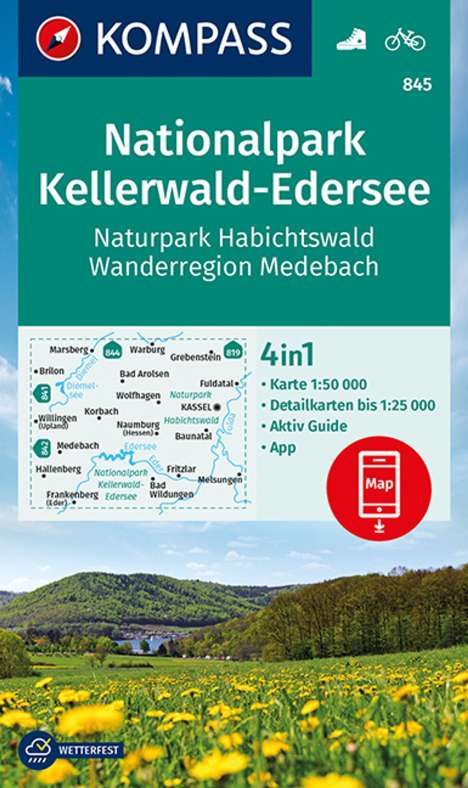 KOMPASS Wanderkarte 845 Nationalpark Kellerwald-Edersee, Naturpark Habichtswald, Wanderregion Medebach 1:50.000, Karten