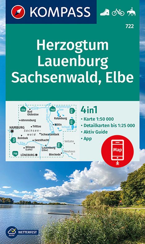 KOMPASS Wanderkarte 722 Herzogtum Lauenburg, Sachsenwald, Elbe 1:50.000, Karten