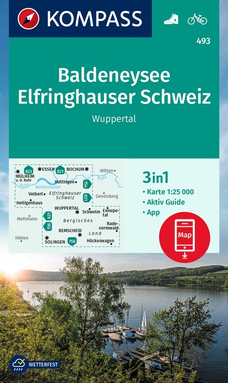 KOMPASS Wanderkarte 493 Baldeneysee, Elfringhauser Schweiz, Wuppertal 1:25.000, Karten