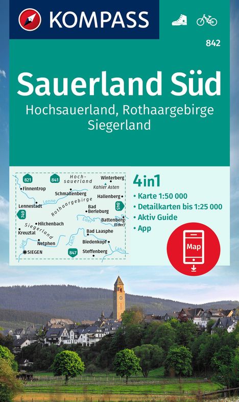 KOMPASS Wanderkarte 842 Sauerland Süd, Hochsauerland, Rothaargebirge, Siegerland 1:50.000, Karten