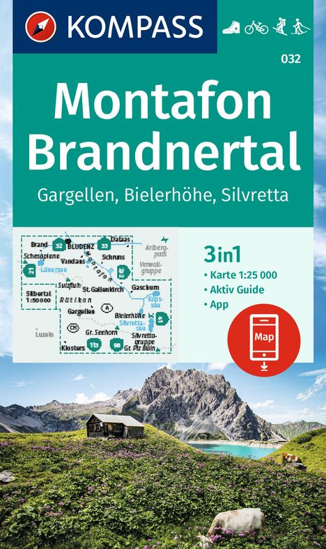 KOMPASS Wanderkarte 032 Montafon, Brandnertal, Gargellen, Bielerhöhe, Silvretta 1:25.000, Karten