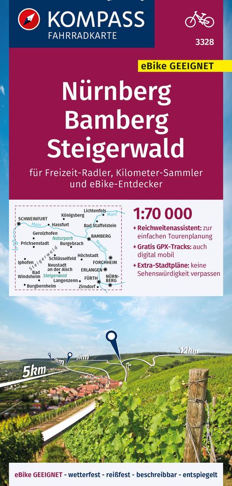 KOMPASS Fahrradkarte 3328 Nürnberg, Bamberg, Steigerwald 1:70.000, Karten