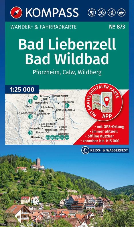 "Bad Liebenzell, Bad Wildbad. Wanderkarten-Kompass. Karte mit GPS-App. Reiß- und wasserfest. Bild: Wald und Dorf."
