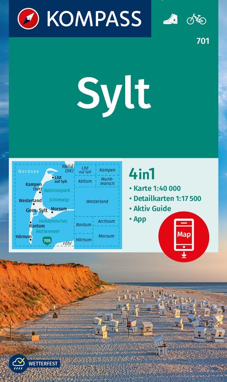 KOMPASS Wanderkarte 701 Sylt mit Ortsplänen 1:40.000, Karten