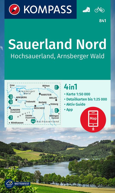 KOMPASS Wanderkarte 841 Sauerland Nord, Hochsauerland, Arnsberger Wald 1:50.000, Karten