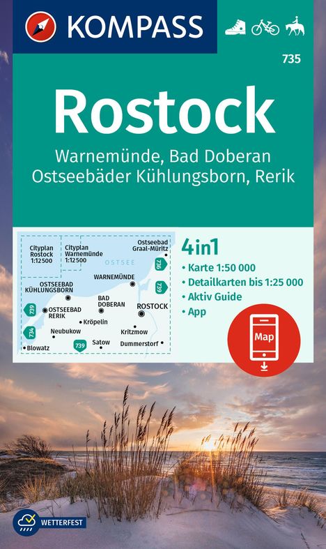 KOMPASS Wanderkarte 735 Rostock, Warnemünde, Bad Doberan, Ostseebäder Kühlungsborn, Rerik 1:50.000, Karten