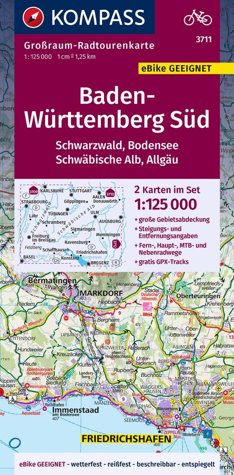KOMPASS Großraum-Radtourenkarte 3711 Baden-Württemberg Süd, Schwarzwald, Bodensee, Schwäbische Alb, Allgäu 1:125.000, Karten