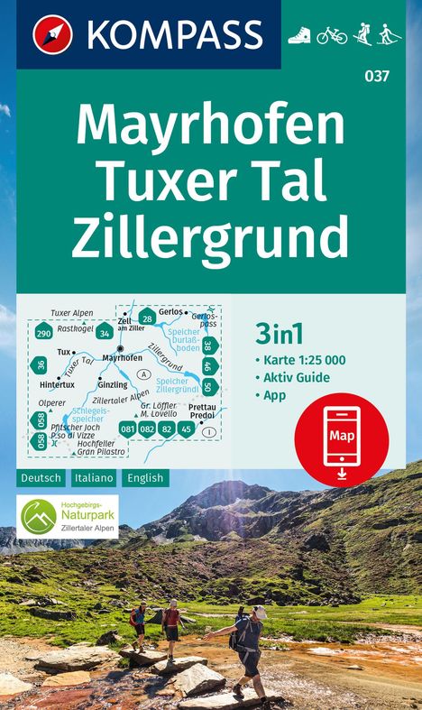 KOMPASS Wanderkarte 037 Mayrhofen, Tuxer Tal, Zillergrund 1:25.000, Karten