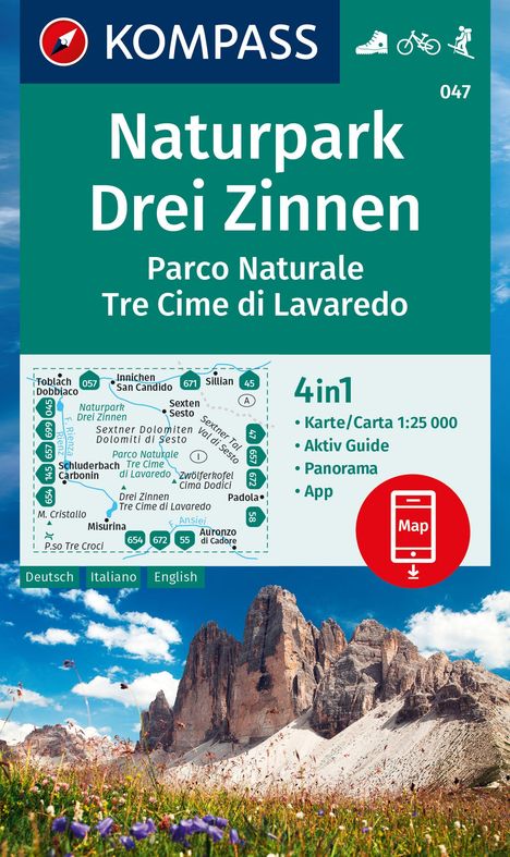 KOMPASS Wanderkarte 047 Naturpark Drei Zinnen, Parco Naturale Tre Cime di Lavaredo 1:25.000, Karten