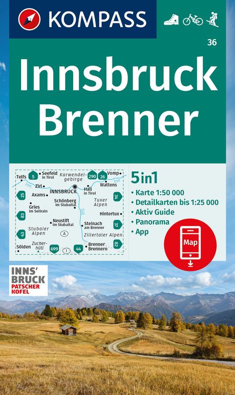 KOMPASS Wanderkarte 36 Innsbruck, Brenner 1:50.000, Karten