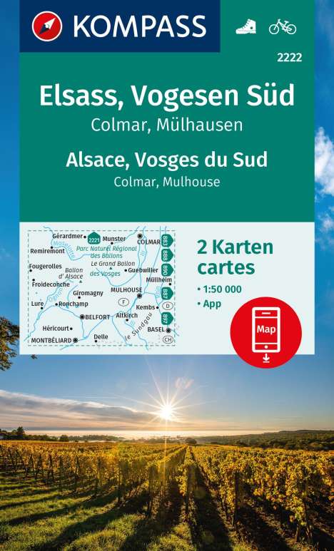KOMPASS Wanderkarten-Set 2222 Elsass, Vogesen Süd, Alsace, Vosges du Sud, Colmar, Mülhausen, Mulhouse (2 Karten) 1:50.000, Karten
