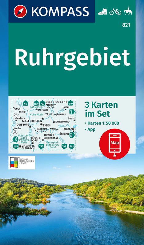 KOMPASS Wanderkarten-Set 821 Ruhrgebiet (3 Karten) 1:50.000, Karten