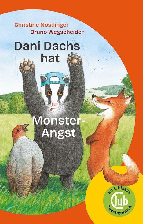 „Dani Dachs hat Monsterangst“. Ein Dachs mit erhobenen Pfoten, ein Vogel und ein lachender Fuchs stehen auf einer Wiese.