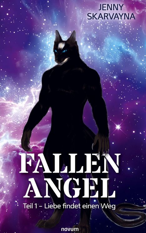 Titel: "Fallen Angel". Text: "Teil 1 – Liebe findet einen Weg". Illustration: Mysteriöse, humanoide Kreatur vor galaktischem Hintergrund.