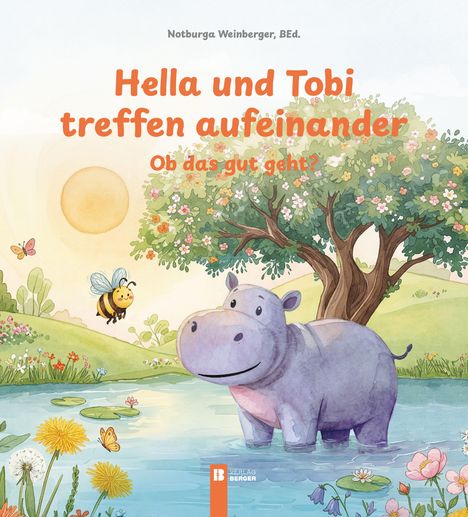 „Hella und Tobi treffen aufeinander. Ob das gut geht?“ Ein fröhliches Nilpferd steht im Wasser neben einem Baum.