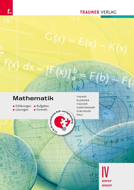 „Mathematik: Erklärungen, Aufgaben, Lösungen, Formeln.“ Formeln und geometrische Formen auf gelbem Hintergrund.