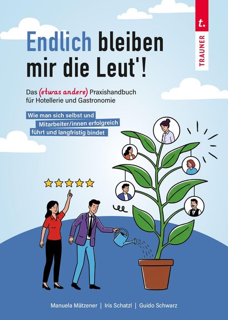 „Endlich bleiben mir die Leut'!“ Handbuch Hotel & Gastro. Illustration: Menschen, Sterne, Pflanze mit Gesichtern.
