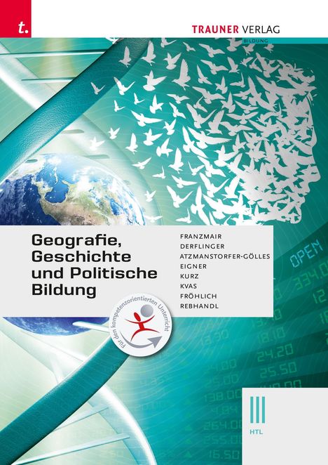 Cover von Trauner Verlag: „Geografie, Geschichte und Politische Bildung“. Globus, DNA-Strang, fliegende Vögel, Zahlen im Hintergrund.