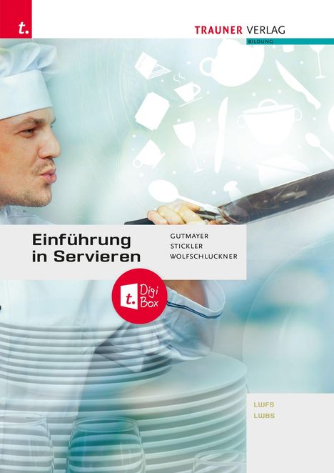 Text: "Einführung in Servieren", "Gutmayer Stickler Wolfschluckner", "Digi Box". Koch hält Tablett mit Geschirr.